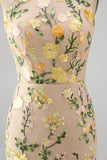 Champagne Mermaid Floral Long Wedding Guest Dress with Slit