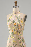 Champagne Mermaid Floral Long Wedding Guest Dress with Slit