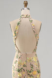 Champagne Mermaid Floral Long Wedding Guest Dress with Slit