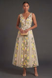 Champagne A Line Floral V Neck Long Wedding Guest Dress