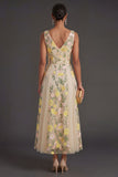 Champagne A Line Floral V Neck Long Wedding Guest Dress