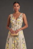 Champagne A Line Floral V Neck Long Wedding Guest Dress