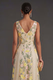 Champagne A Line Floral V Neck Long Wedding Guest Dress