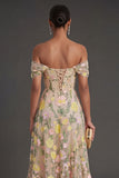 Champagne Floral Corset Long Wedding Guest Dress