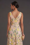 Champagne Floral V Neck Long Wedding Guest Dress