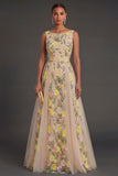 A Line Champagne Floral Round Neck Long Wedding Guest Dress