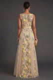 A Line Champagne Floral Round Neck Long Wedding Guest Dress