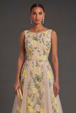 A Line Champagne Floral Round Neck Long Wedding Guest Dress