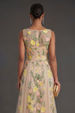 A Line Champagne Floral Round Neck Long Wedding Guest Dress