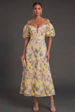 Off the Shoulder Champagne Floral Long Wedding Guest Dress