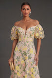 Off the Shoulder Champagne Floral Long Wedding Guest Dress
