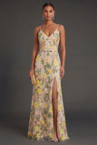 Spaghetti Straps A Line Floral Champagne Long Wedding Guest Dress