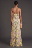 Spaghetti Straps A Line Floral Champagne Long Wedding Guest Dress