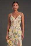 Spaghetti Straps A Line Floral Champagne Long Wedding Guest Dress