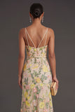 Spaghetti Straps A Line Floral Champagne Long Wedding Guest Dress