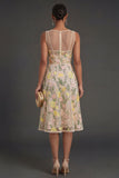 Champagne Floral Corset A Line Midi Wedding Guest Dress