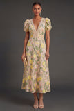 Floral Champagne A Line Long Wedding Guest Dress