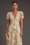 Floral Champagne A Line Long Wedding Guest Dress