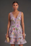 Lilac Floral Corset V Neck Ruffled Short Summer Wedding Guest Dress