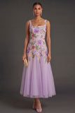 Lilac A Line Floral Thick Straps Long Wedding Guest Dress