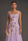 Lilac A Line Floral Thick Straps Long Wedding Guest Dress