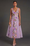 Lilac Floral A Line V Neck Midi Wedding Guest Dress