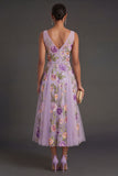 Lilac Floral A Line V Neck Midi Wedding Guest Dress