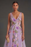 Lilac Floral A Line V Neck Midi Wedding Guest Dress