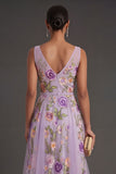 Lilac Floral A Line V Neck Midi Wedding Guest Dress