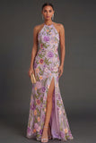 Floral Lilac Halter Neck Long Wedding Guest Dress with Slit