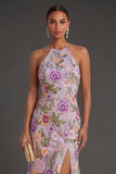 Floral Lilac Halter Neck Long Wedding Guest Dress with Slit