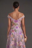 Floral Lilac A Line Long Wedding Guest Dress