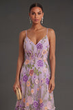 Floral Lilac Spaghetti Straps Long Wedding Guest Dress
