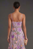 Floral Lilac Spaghetti Straps Long Wedding Guest Dress