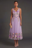 A Line Floral Lilac Long Wedding Guest Dress