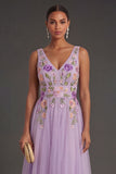 A Line Floral Lilac Long Wedding Guest Dress