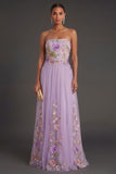 A Line Floral Lilac Pleated Long Wedding Guest Dress