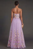 A Line Floral Lilac Pleated Long Wedding Guest Dress