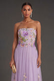 A Line Floral Lilac Pleated Long Wedding Guest Dress
