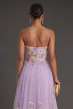 A Line Floral Lilac Pleated Long Wedding Guest Dress