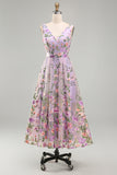 Lilac Floral A Line V Neck Midi Wedding Guest Dress