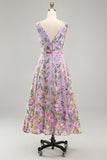 Lilac Floral A Line V Neck Midi Wedding Guest Dress