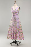 Lilac Floral A Line V Neck Midi Wedding Guest Dress