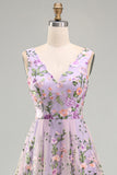 Lilac Floral A Line V Neck Midi Wedding Guest Dress