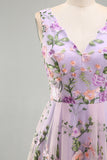 Lilac Floral A Line V Neck Midi Wedding Guest Dress