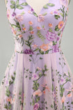 Lilac Floral A Line V Neck Midi Wedding Guest Dress