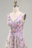 Lilac Floral A Line V Neck Midi Wedding Guest Dress
