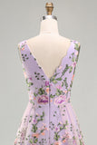 Lilac Floral A Line V Neck Midi Wedding Guest Dress