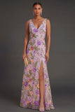 Lilac Floral A Line V Neck Long Wedding Guest Dress with Slit