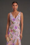 Lilac Floral A Line V Neck Long Wedding Guest Dress with Slit